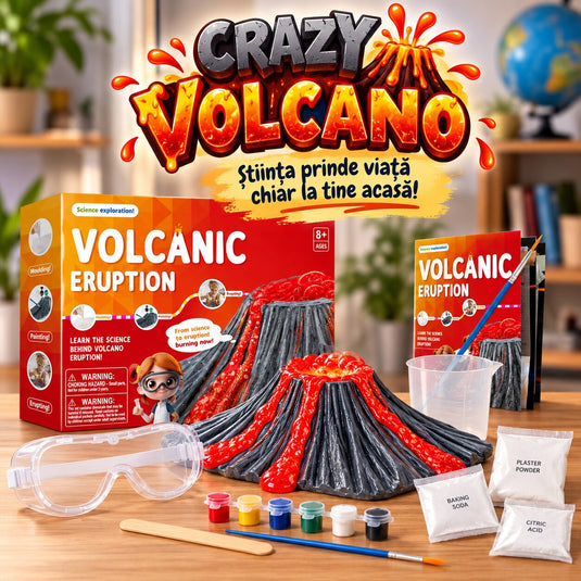 Kit Creativ STEM pentru Experimente Vulcanice CrazyVolcano™ Construieste, Picteaza si Activeaza, Ochelari de Protectie, 6 Culori, Pensula, Recipient de Masurare, Ingrediente pentru Eruptie, Ghid Ilustrat, Educational si Interactiv, 8+ Ani