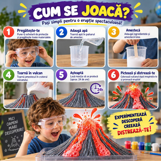 Kit Creativ STEM pentru Experimente Vulcanice CrazyVolcano™ Construieste, Picteaza si Activeaza, Ochelari de Protectie, 6 Culori, Pensula, Recipient de Masurare, Ingrediente pentru Eruptie, Ghid Ilustrat, Educational si Interactiv, 8+ Ani