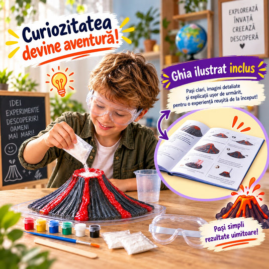 Kit Creativ STEM pentru Experimente Vulcanice CrazyVolcano™ Construieste, Picteaza si Activeaza, Ochelari de Protectie, 6 Culori, Pensula, Recipient de Masurare, Ingrediente pentru Eruptie, Ghid Ilustrat, Educational si Interactiv, 8+ Ani