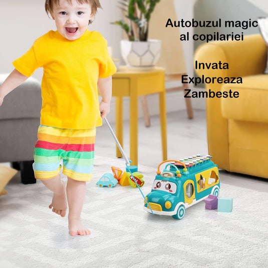 Autobuz muzical albastru cu xilofon MusicRide 3in1, sortator de forme și blocuri, de la 24 de luni