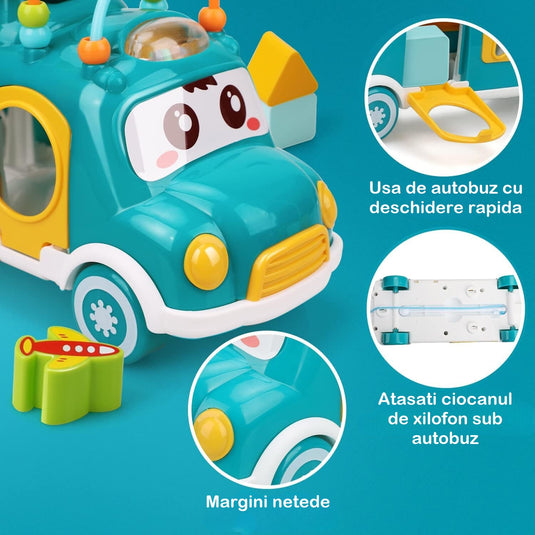 Autobuz muzical albastru cu xilofon MusicRide 3in1, sortator de forme și blocuri, de la 24 de luni