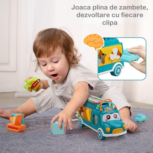 Autobuz muzical albastru cu xilofon MusicRide 3in1, sortator de forme și blocuri, de la 24 de luni