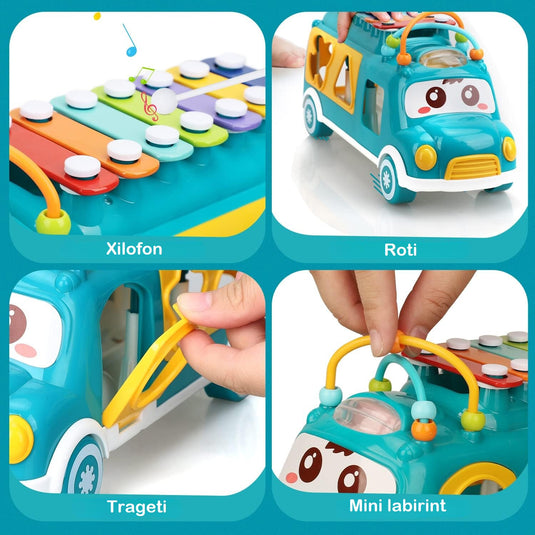Autobuz muzical albastru cu xilofon MusicRide 3in1, sortator de forme și blocuri, de la 24 de luni
