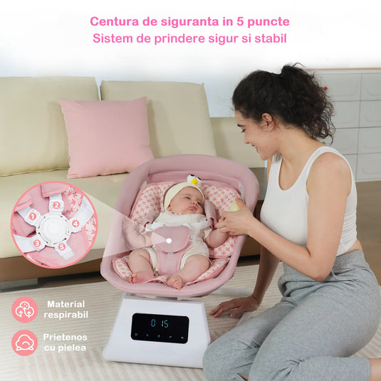 Leagan si Balansoar Electric 3D Motion BabyHug™ cu Telecomanda si Functie Bluetooth, Panou Digital Easy Touch, 5 Moduri/5 Viteze, Spatar Reglabil, Perna Moale, Baldachin Detasabil, Melodii, Jucarii, Cronometru 8/15/30 min, Centura de Siguranta, Soft Pink