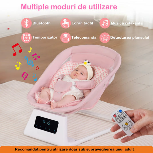Leagan si Balansoar Electric 3D Motion BabyHug™ cu Telecomanda si Functie Bluetooth, Panou Digital Easy Touch, 5 Moduri/5 Viteze, Spatar Reglabil, Perna Moale, Baldachin Detasabil, Melodii, Jucarii, Cronometru 8/15/30 min, Centura de Siguranta, Soft Pink