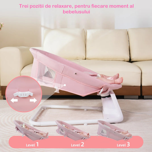 Leagan si Balansoar Electric 3D Motion BabyHug™ cu Telecomanda si Functie Bluetooth, Panou Digital Easy Touch, 5 Moduri/5 Viteze, Spatar Reglabil, Perna Moale, Baldachin Detasabil, Melodii, Jucarii, Cronometru 8/15/30 min, Centura de Siguranta, Soft Pink