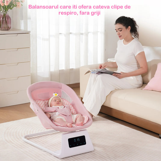 Leagan si Balansoar Electric 3D Motion BabyHug™ cu Telecomanda si Functie Bluetooth, Panou Digital Easy Touch, 5 Moduri/5 Viteze, Spatar Reglabil, Perna Moale, Baldachin Detasabil, Melodii, Jucarii, Cronometru 8/15/30 min, Centura de Siguranta, Soft Pink