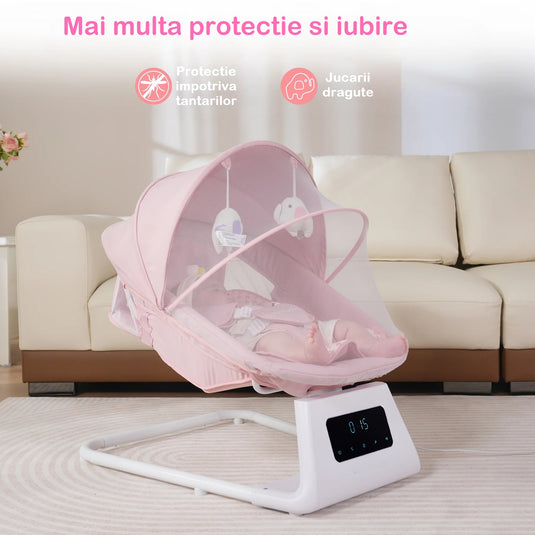 Leagan si Balansoar Electric 3D Motion BabyHug™ cu Telecomanda si Functie Bluetooth, Panou Digital Easy Touch, 5 Moduri/5 Viteze, Spatar Reglabil, Perna Moale, Baldachin Detasabil, Melodii, Jucarii, Cronometru 8/15/30 min, Centura de Siguranta, Soft Pink