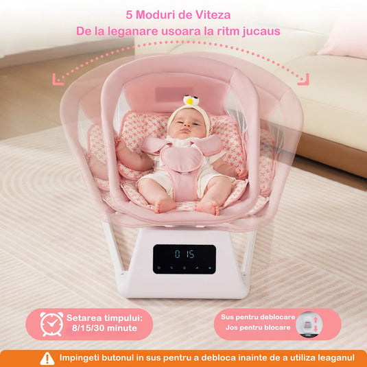 Leagan si Balansoar Electric 3D Motion BabyHug™ cu Telecomanda si Functie Bluetooth, Panou Digital Easy Touch, 5 Moduri/5 Viteze, Spatar Reglabil, Perna Moale, Baldachin Detasabil, Melodii, Jucarii, Cronometru 8/15/30 min, Centura de Siguranta, Soft Pink