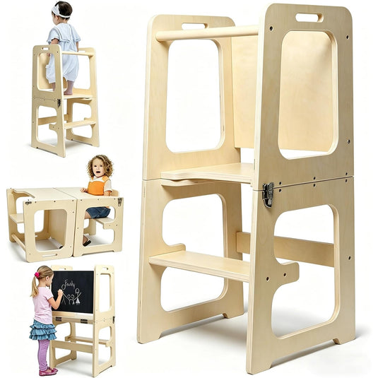 Turn de Invatare 3in1 din Lemn TrioStep SmartGrow Convertibil in Masuta cu Scaun si Tabla de Desen, Multifunctional pentru Invatare, Joaca si Creativitate, Dezvoltarea Independentei, Stabilitate Anti-Rasturnare si Anti-Alunecare, Vanilla Wood