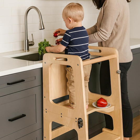 Turn de Invatare 3in1 din Lemn TrioStep SmartGrow Convertibil in Masuta cu Scaun si Tabla de Desen, Multifunctional pentru Invatare, Joaca si Creativitate, Dezvoltarea Independentei, Stabilitate Anti-Rasturnare si Anti-Alunecare, Vanilla Wood
