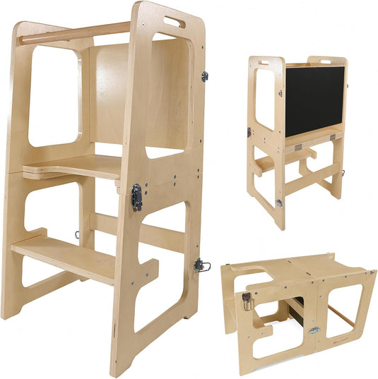 Turn de Invatare 3in1 din Lemn TrioStep SmartGrow Convertibil in Masuta cu Scaun si Tabla de Desen, Multifunctional pentru Invatare, Joaca si Creativitate, Dezvoltarea Independentei, Stabilitate Anti-Rasturnare si Anti-Alunecare, Vanilla Wood