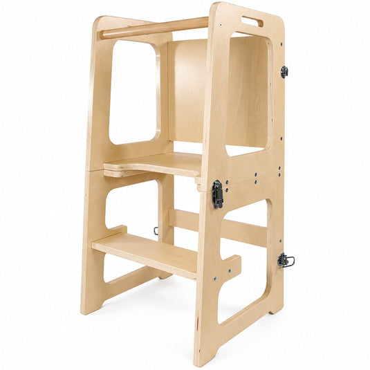 Turn de Invatare 3in1 din Lemn TrioStep SmartGrow Convertibil in Masuta cu Scaun si Tabla de Desen, Multifunctional pentru Invatare, Joaca si Creativitate, Dezvoltarea Independentei, Stabilitate Anti-Rasturnare si Anti-Alunecare, Vanilla Wood
