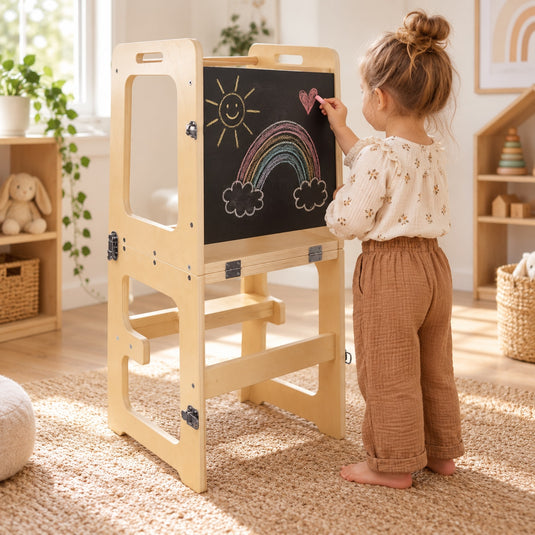 Turn de Invatare 3in1 din Lemn TrioStep SmartGrow Convertibil in Masuta cu Scaun si Tabla de Desen, Multifunctional pentru Invatare, Joaca si Creativitate, Dezvoltarea Independentei, Stabilitate Anti-Rasturnare si Anti-Alunecare, Vanilla Wood