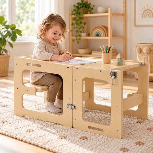 Turn de Invatare 3in1 din Lemn TrioStep SmartGrow Convertibil in Masuta cu Scaun si Tabla de Desen, Multifunctional pentru Invatare, Joaca si Creativitate, Dezvoltarea Independentei, Stabilitate Anti-Rasturnare si Anti-Alunecare, Vanilla Wood