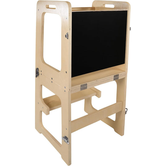 Turn de Invatare 3in1 din Lemn TrioStep SmartGrow Convertibil in Masuta cu Scaun si Tabla de Desen, Multifunctional pentru Invatare, Joaca si Creativitate, Dezvoltarea Independentei, Stabilitate Anti-Rasturnare si Anti-Alunecare, Vanilla Wood