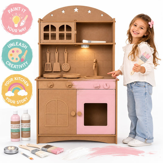 Bucatarie Creativa 2in1 din MDF pentru Copii LittleMakers™ Paint & Play, Set de Personalizare cu 2 Vopsele pe Baza de Apa, 3 Pensule, Lumina LED, Accesorii de Bucatarie, Spatii de Depozitare, Plita, Chiuveta, Joc de Rol, Pink Story Collection