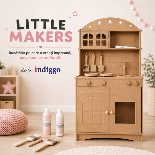 Bucatarie Creativa 2in1 din MDF pentru Copii LittleMakers™ Paint & Play, Set de Personalizare cu 2 Vopsele pe Baza de Apa, 3 Pensule, Lumina LED, Accesorii de Bucatarie, Spatii de Depozitare, Plita, Chiuveta, Joc de Rol, Pink Story Collection