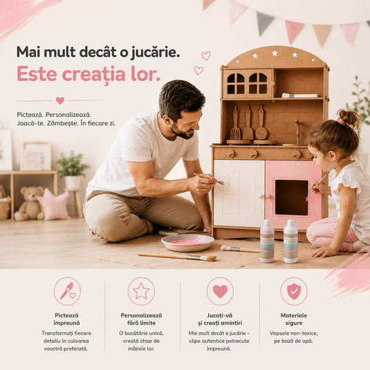 Bucatarie Creativa 2in1 din MDF pentru Copii LittleMakers™ Paint & Play, Set de Personalizare cu 2 Vopsele pe Baza de Apa, 3 Pensule, Lumina LED, Accesorii de Bucatarie, Spatii de Depozitare, Plita, Chiuveta, Joc de Rol, Pink Story Collection