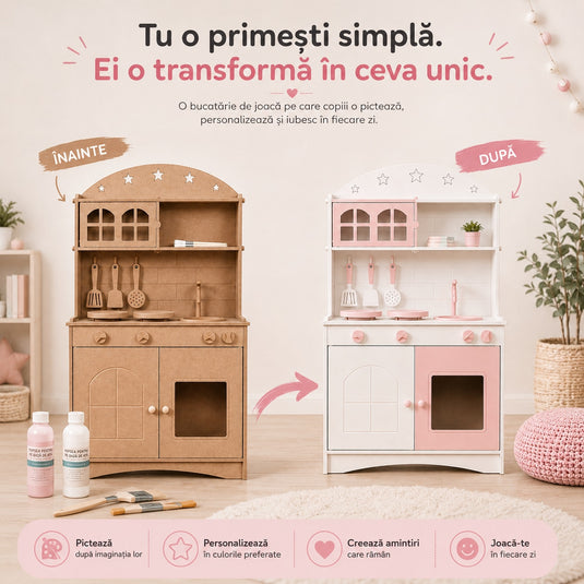 Bucatarie Creativa 2in1 din MDF pentru Copii LittleMakers™ Paint & Play, Set de Personalizare cu 2 Vopsele pe Baza de Apa, 3 Pensule, Lumina LED, Accesorii de Bucatarie, Spatii de Depozitare, Plita, Chiuveta, Joc de Rol, Pink Story Collection