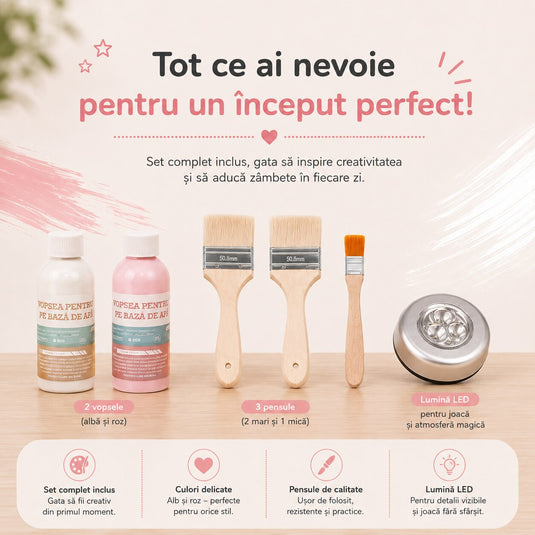 Bucatarie Creativa 2in1 din MDF pentru Copii LittleMakers™ Paint & Play, Set de Personalizare cu 2 Vopsele pe Baza de Apa, 3 Pensule, Lumina LED, Accesorii de Bucatarie, Spatii de Depozitare, Plita, Chiuveta, Joc de Rol, Pink Story Collection