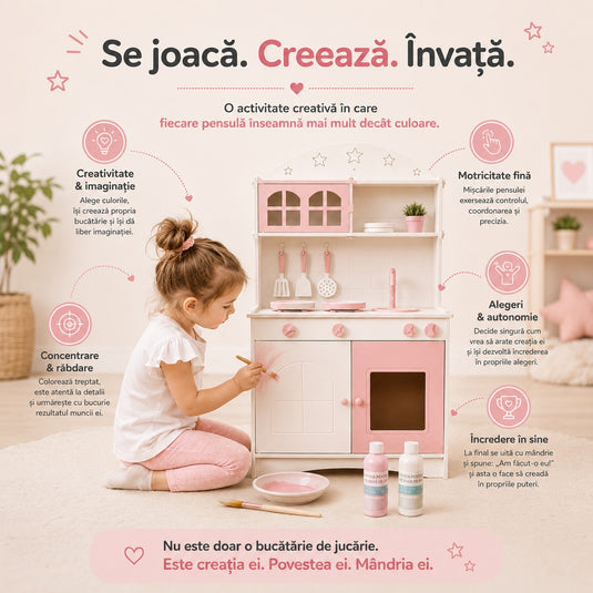Bucatarie Creativa 2in1 din MDF pentru Copii LittleMakers™ Paint & Play, Set de Personalizare cu 2 Vopsele pe Baza de Apa, 3 Pensule, Lumina LED, Accesorii de Bucatarie, Spatii de Depozitare, Plita, Chiuveta, Joc de Rol, Pink Story Collection