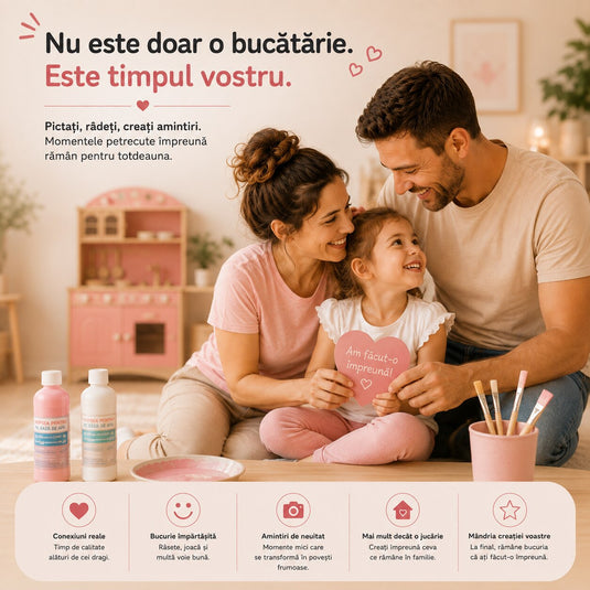 Bucatarie Creativa 2in1 din MDF pentru Copii LittleMakers™ Paint & Play, Set de Personalizare cu 2 Vopsele pe Baza de Apa, 3 Pensule, Lumina LED, Accesorii de Bucatarie, Spatii de Depozitare, Plita, Chiuveta, Joc de Rol, Pink Story Collection