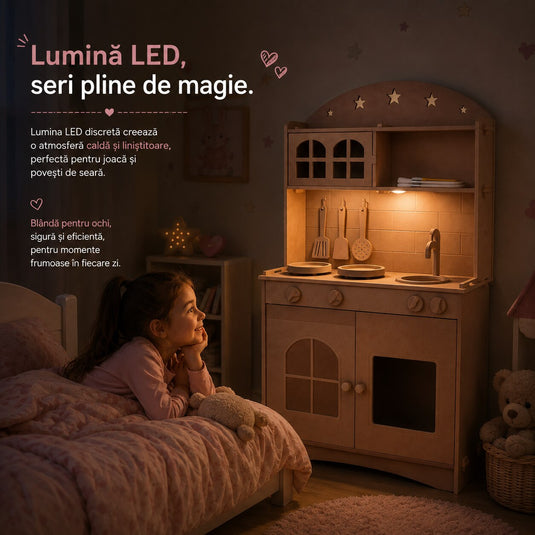 Bucatarie Creativa 2in1 din MDF pentru Copii LittleMakers™ Paint & Play, Set de Personalizare cu 2 Vopsele pe Baza de Apa, 3 Pensule, Lumina LED, Accesorii de Bucatarie, Spatii de Depozitare, Plita, Chiuveta, Joc de Rol, Pink Story Collection