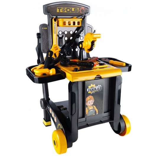 Set Interactiv 3in1 FlexiTool™ Banc de Lucru Multifunctional, Carucior Mobil si Trusa de Unelte Portabila, 45+ Accesorii, Fierastrau Circular, Cheie Reglabila, Cleste, Ciocan, Surubelnite, Dezvolta Abilitati STEM, Black/Yellow