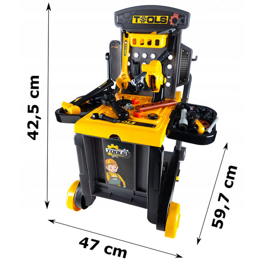 Set Interactiv 3in1 FlexiTool™ Banc de Lucru Multifunctional, Carucior Mobil si Trusa de Unelte Portabila, 45+ Accesorii, Fierastrau Circular, Cheie Reglabila, Cleste, Ciocan, Surubelnite, Dezvolta Abilitati STEM, Black/Yellow