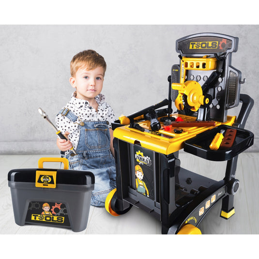 Set Interactiv 3in1 FlexiTool™ Banc de Lucru Multifunctional, Carucior Mobil si Trusa de Unelte Portabila, 45+ Accesorii, Fierastrau Circular, Cheie Reglabila, Cleste, Ciocan, Surubelnite, Dezvolta Abilitati STEM, Black/Yellow