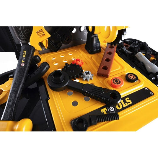 Set Interactiv 3in1 FlexiTool™ Banc de Lucru Multifunctional, Carucior Mobil si Trusa de Unelte Portabila, 45+ Accesorii, Fierastrau Circular, Cheie Reglabila, Cleste, Ciocan, Surubelnite, Dezvolta Abilitati STEM, Black/Yellow