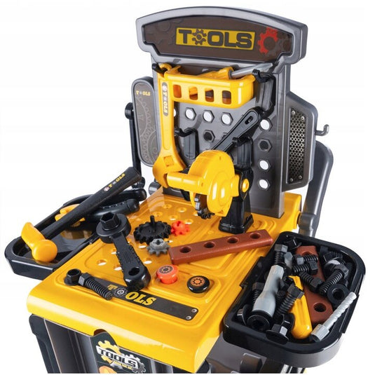 Set Interactiv 3in1 FlexiTool™ Banc de Lucru Multifunctional, Carucior Mobil si Trusa de Unelte Portabila, 45+ Accesorii, Fierastrau Circular, Cheie Reglabila, Cleste, Ciocan, Surubelnite, Dezvolta Abilitati STEM, Black/Yellow