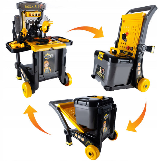 Set Interactiv 3in1 FlexiTool™ Banc de Lucru Multifunctional, Carucior Mobil si Trusa de Unelte Portabila, 45+ Accesorii, Fierastrau Circular, Cheie Reglabila, Cleste, Ciocan, Surubelnite, Dezvolta Abilitati STEM, Black/Yellow