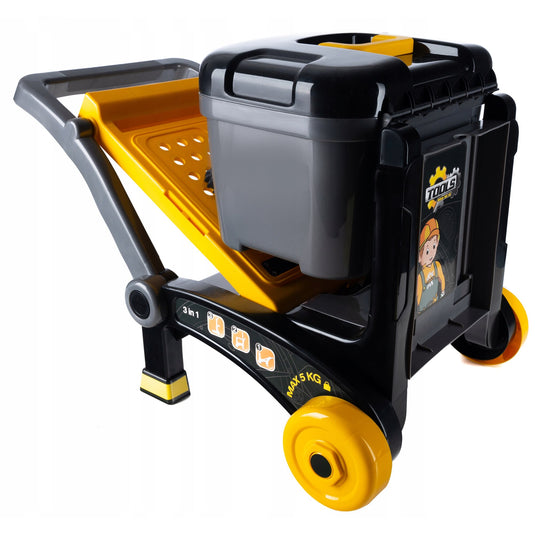 Set Interactiv 3in1 FlexiTool™ Banc de Lucru Multifunctional, Carucior Mobil si Trusa de Unelte Portabila, 45+ Accesorii, Fierastrau Circular, Cheie Reglabila, Cleste, Ciocan, Surubelnite, Dezvolta Abilitati STEM, Black/Yellow