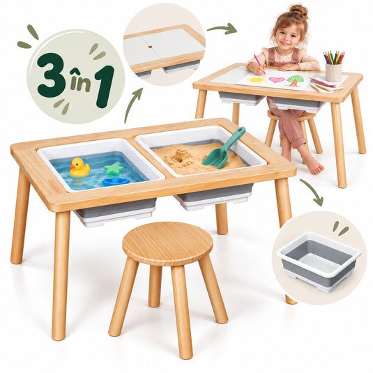 Masa Senzoriala din Lemn pentru Copii Indiggo® 3in1 Centru de Joaca cu Apa si Nisip, Birou si Spatiu de Depozitare, Scaunel, 2 Tavi Detasabile, Blat Detasabil, Margini Rotunjite, Activitati Creative, Natural Cream