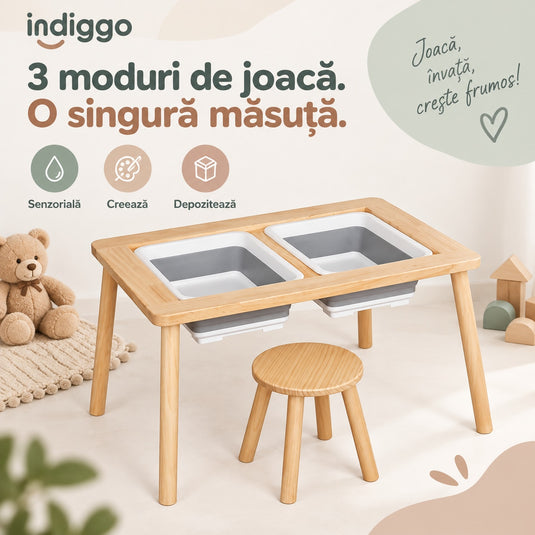 Masa Senzoriala din Lemn pentru Copii Indiggo® 3in1 Centru de Joaca cu Apa si Nisip, Birou si Spatiu de Depozitare, Scaunel, 2 Tavi Detasabile, Blat Detasabil, Margini Rotunjite, Activitati Creative, Natural Cream
