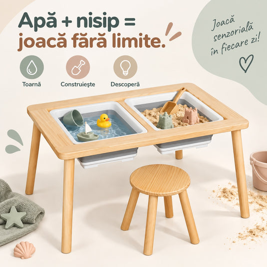 Masa Senzoriala din Lemn pentru Copii Indiggo® 3in1 Centru de Joaca cu Apa si Nisip, Birou si Spatiu de Depozitare, Scaunel, 2 Tavi Detasabile, Blat Detasabil, Margini Rotunjite, Activitati Creative, Natural Cream