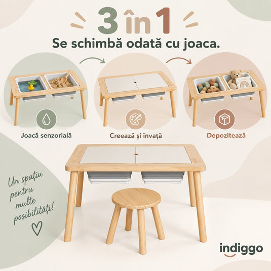 Masa Senzoriala din Lemn pentru Copii Indiggo® 3in1 Centru de Joaca cu Apa si Nisip, Birou si Spatiu de Depozitare, Scaunel, 2 Tavi Detasabile, Blat Detasabil, Margini Rotunjite, Activitati Creative, Natural Cream