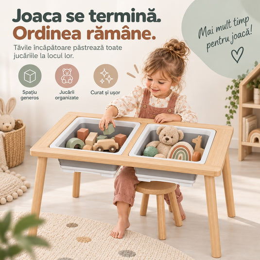 Masa Senzoriala din Lemn pentru Copii Indiggo® 3in1 Centru de Joaca cu Apa si Nisip, Birou si Spatiu de Depozitare, Scaunel, 2 Tavi Detasabile, Blat Detasabil, Margini Rotunjite, Activitati Creative, Natural Cream