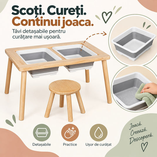 Masa Senzoriala din Lemn pentru Copii Indiggo® 3in1 Centru de Joaca cu Apa si Nisip, Birou si Spatiu de Depozitare, Scaunel, 2 Tavi Detasabile, Blat Detasabil, Margini Rotunjite, Activitati Creative, Natural Cream