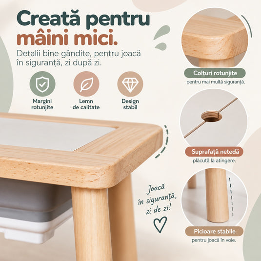 Masa Senzoriala din Lemn pentru Copii Indiggo® 3in1 Centru de Joaca cu Apa si Nisip, Birou si Spatiu de Depozitare, Scaunel, 2 Tavi Detasabile, Blat Detasabil, Margini Rotunjite, Activitati Creative, Natural Cream