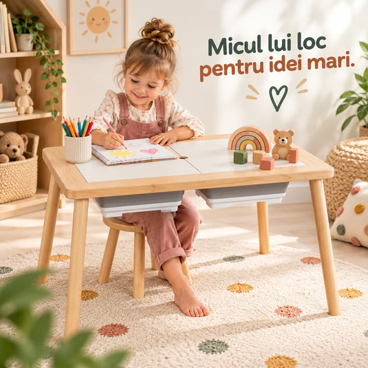 Masa Senzoriala din Lemn pentru Copii Indiggo® 3in1 Centru de Joaca cu Apa si Nisip, Birou si Spatiu de Depozitare, Scaunel, 2 Tavi Detasabile, Blat Detasabil, Margini Rotunjite, Activitati Creative, Natural Cream
