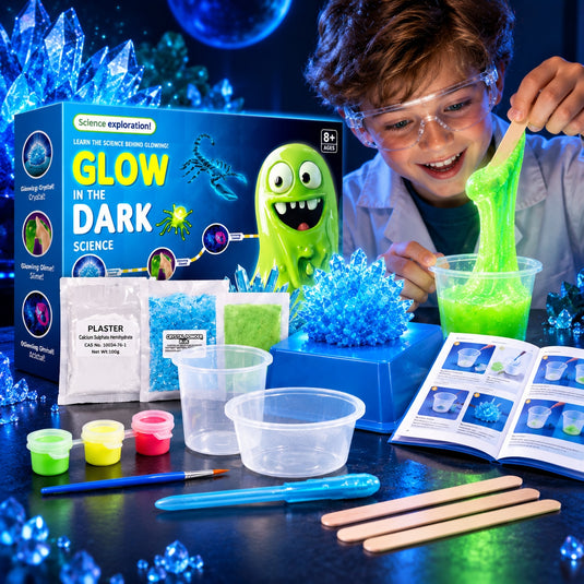 Kit STEM cu Experimente Luminoase GlowMonster Slime™ Cristale, Slime si Figurine Fluorescente, Seminte si Pudra, Ipsos, Vopsele, Pensula, 2 Modele Animale, Recipiente de Crestere si Masurare, Pix UV, 3 Betisoare, Ghid Ilustrat, 8+ Ani