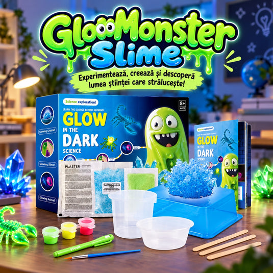 Kit STEM cu Experimente Luminoase GlowMonster Slime™ Cristale, Slime si Figurine Fluorescente, Seminte si Pudra, Ipsos, Vopsele, Pensula, 2 Modele Animale, Recipiente de Crestere si Masurare, Pix UV, 3 Betisoare, Ghid Ilustrat, 8+ Ani