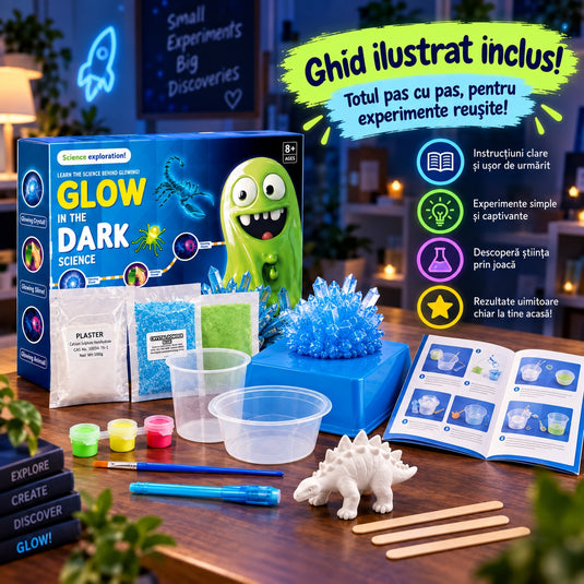 Kit STEM cu Experimente Luminoase GlowMonster Slime™ Cristale, Slime si Figurine Fluorescente, Seminte si Pudra, Ipsos, Vopsele, Pensula, 2 Modele Animale, Recipiente de Crestere si Masurare, Pix UV, 3 Betisoare, Ghid Ilustrat, 8+ Ani