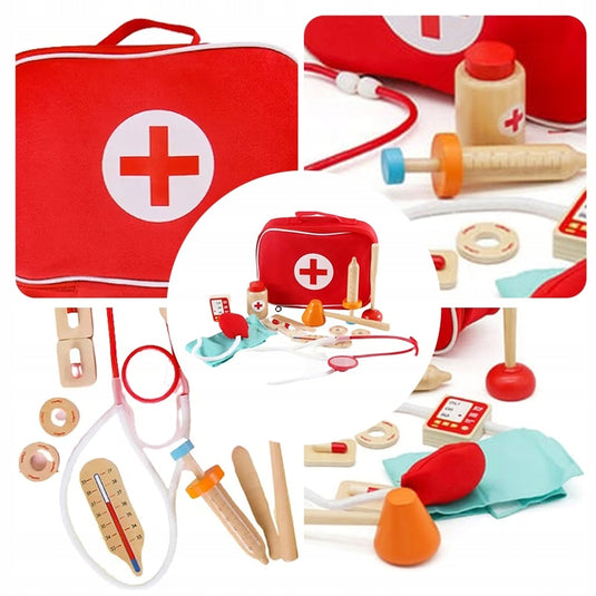 Set de Joaca, Trusa Medicala LittleDoctor cu Instrumente din Lemn, Include Flacon cu Medicamente, Alifie, Stetoscop, Termometru, Seringa, Tensiometru, Ciocan, Otoscop, Spatula, Geanta pentru Depozitare, Indiggo®, 3ani+, Rosu