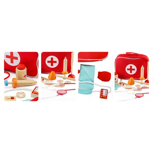 Set de Joaca, Trusa Medicala LittleDoctor cu Instrumente din Lemn, Include Flacon cu Medicamente, Alifie, Stetoscop, Termometru, Seringa, Tensiometru, Ciocan, Otoscop, Spatula, Geanta pentru Depozitare, Indiggo®, 3ani+, Rosu