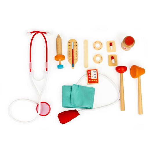 Set de Joaca, Trusa Medicala LittleDoctor cu Instrumente din Lemn, Include Flacon cu Medicamente, Alifie, Stetoscop, Termometru, Seringa, Tensiometru, Ciocan, Otoscop, Spatula, Geanta pentru Depozitare, Indiggo®, 3ani+, Rosu