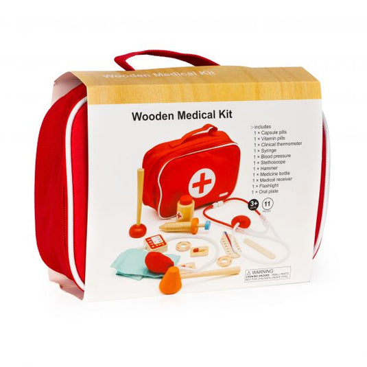 Set de Joaca, Trusa Medicala LittleDoctor cu Instrumente din Lemn, Include Flacon cu Medicamente, Alifie, Stetoscop, Termometru, Seringa, Tensiometru, Ciocan, Otoscop, Spatula, Geanta pentru Depozitare, Indiggo®, 3ani+, Rosu